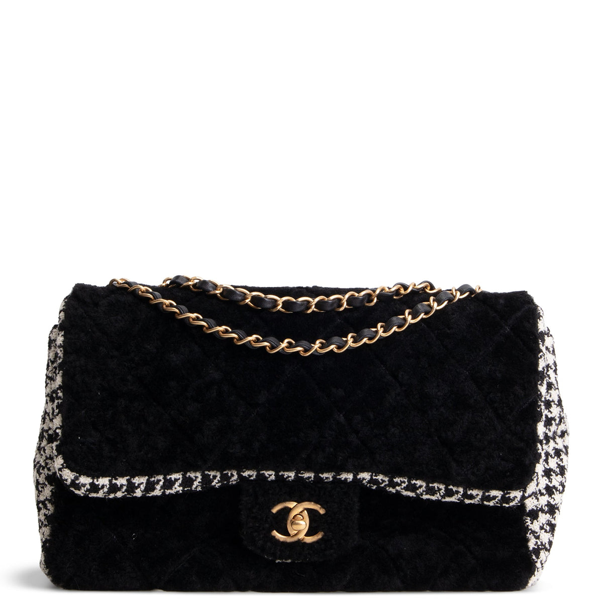 CHANEL Jumbo CC Flap Quilted Shearling & Houndstooth Tweed