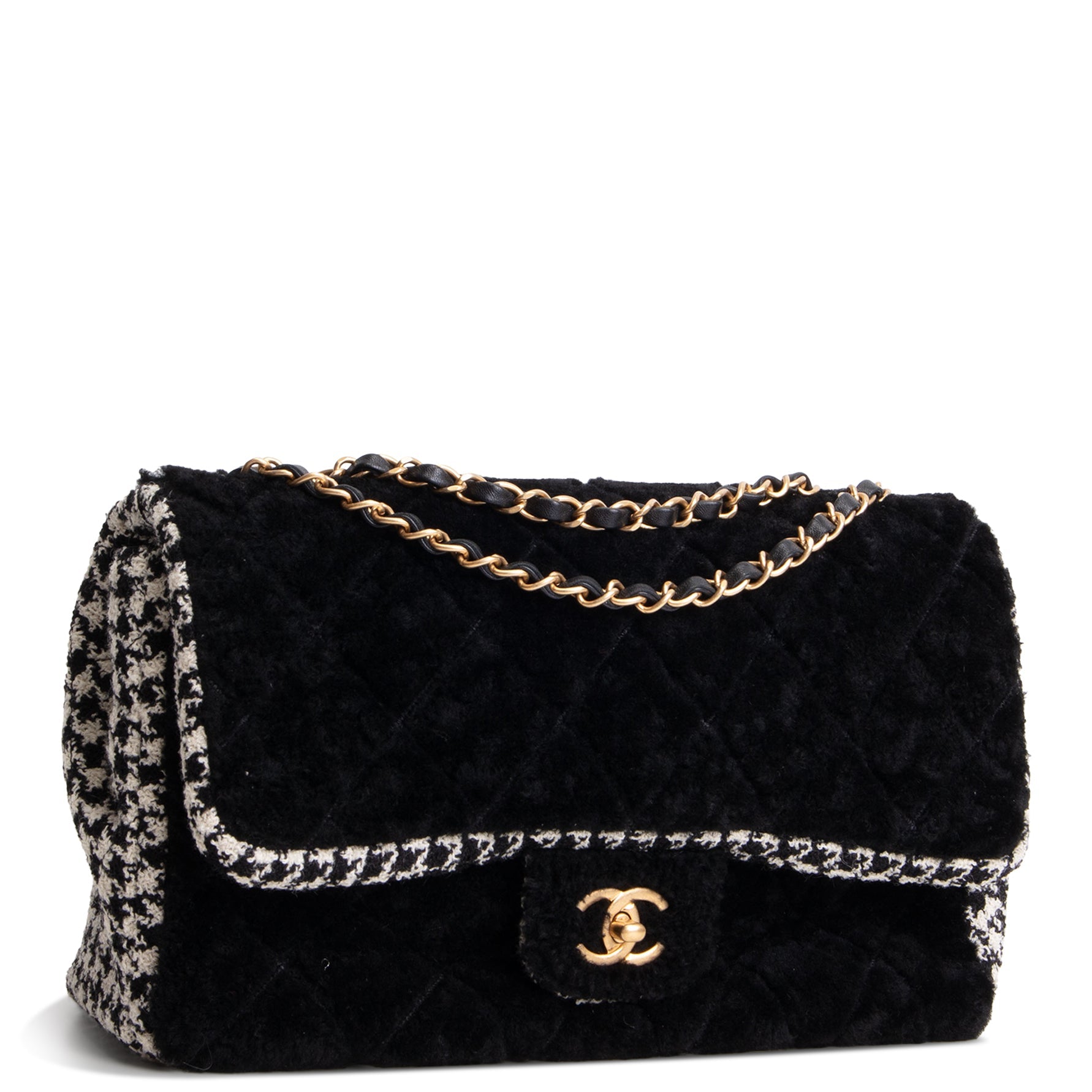 CHANEL Jumbo CC Flap Quilted Shearling & Houndstooth Tweed