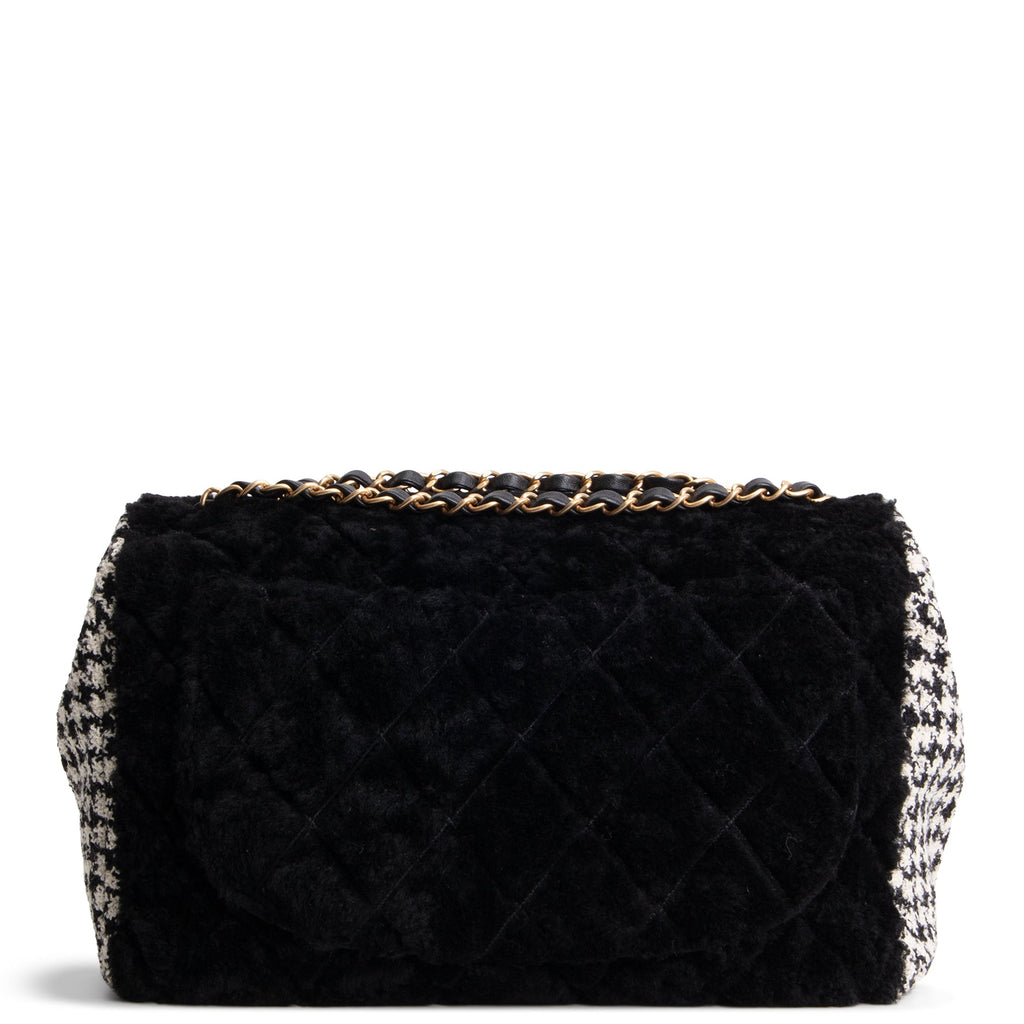 CHANEL Jumbo CC Flap Quilted Shearling & Houndstooth Tweed