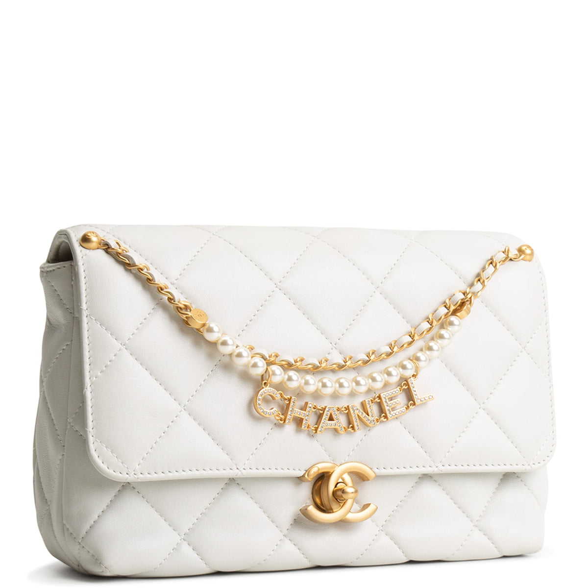 CHANEL CC Pearl Lambskin Quilted Flap Bag - Chalk White