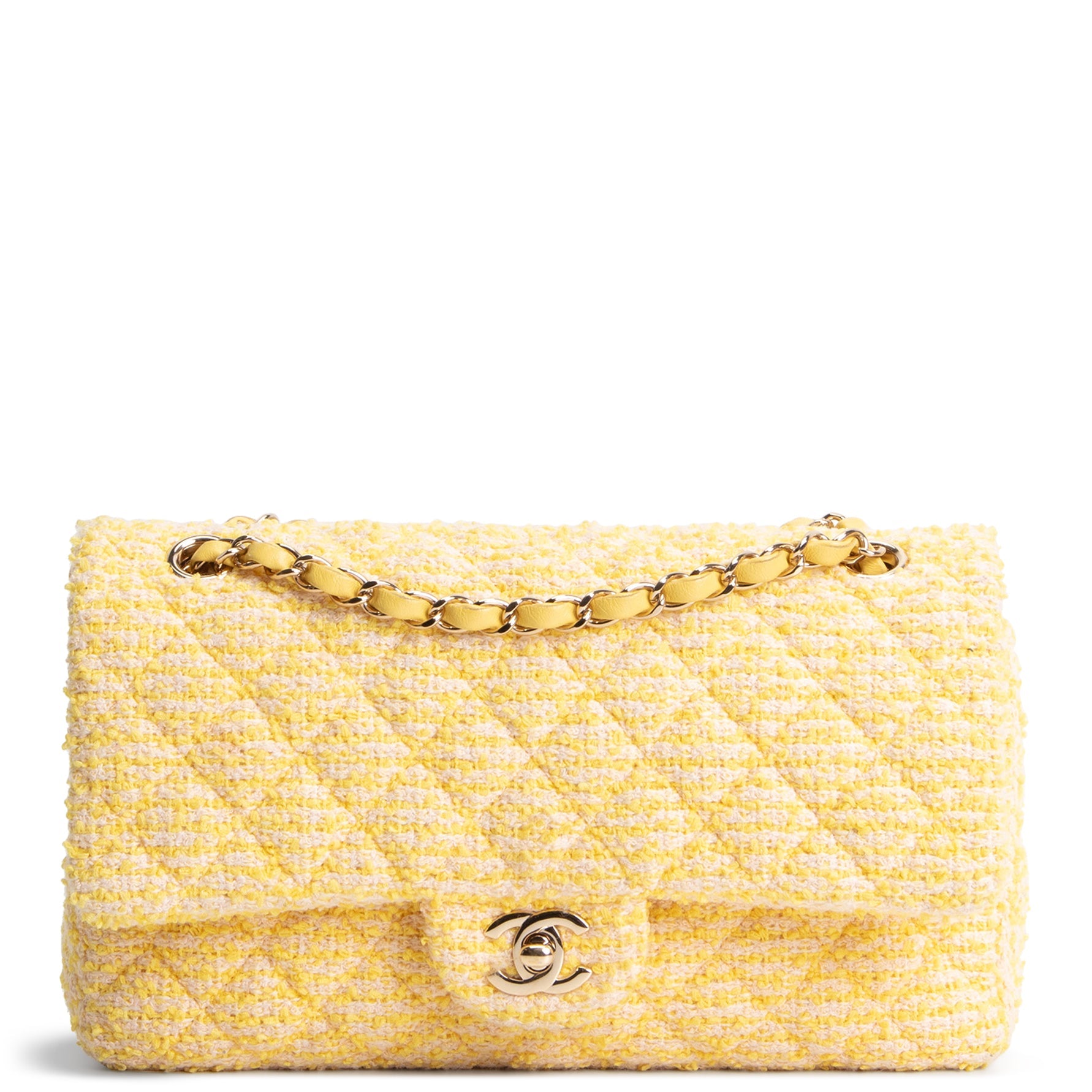 CHANEL Medium Double Flap Quilted Tweed Yellow