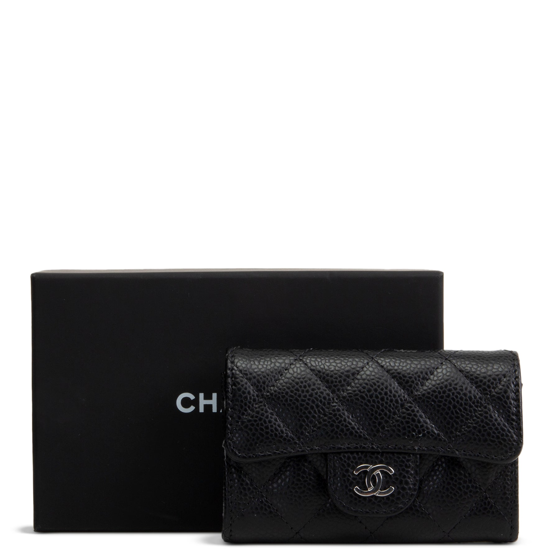 CHANEL Interlocking CC Card Holder Wallet Quilted Caviar