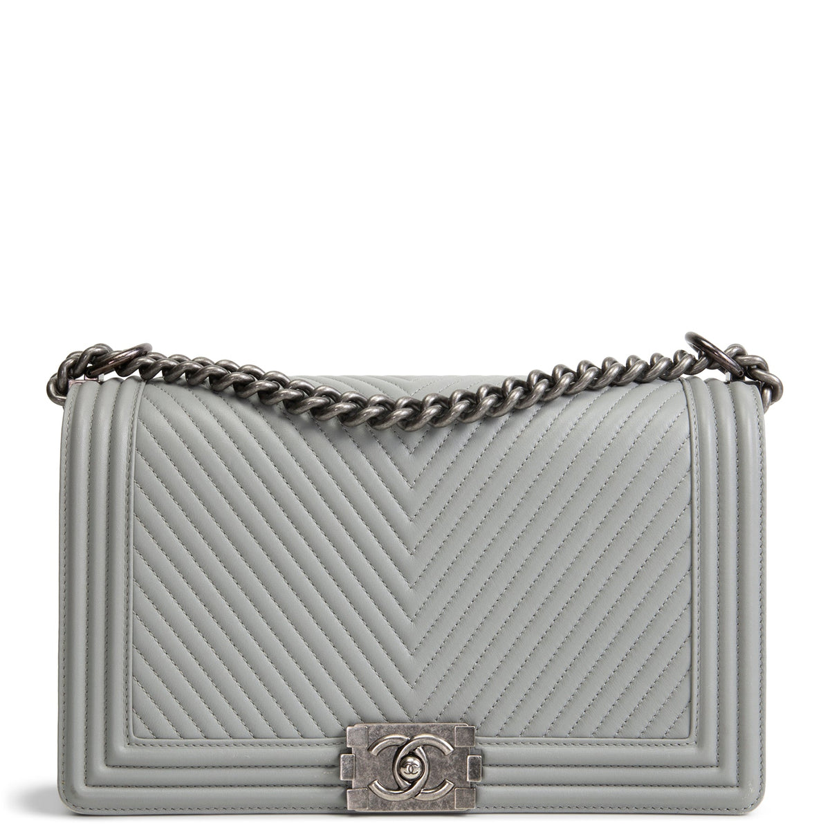 CHANEL Large Chevron Boy Bag - Grey