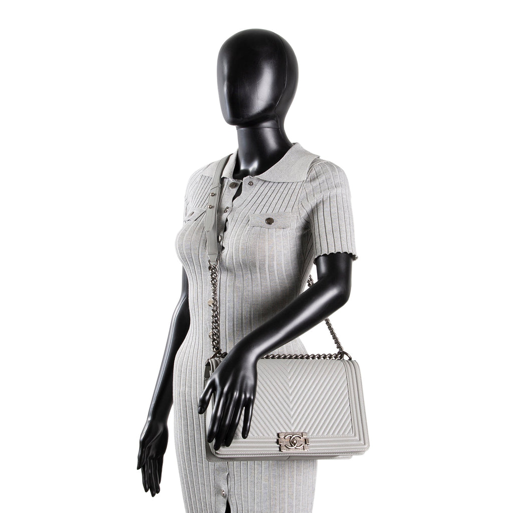 CHANEL Large Chevron Boy Bag - Grey