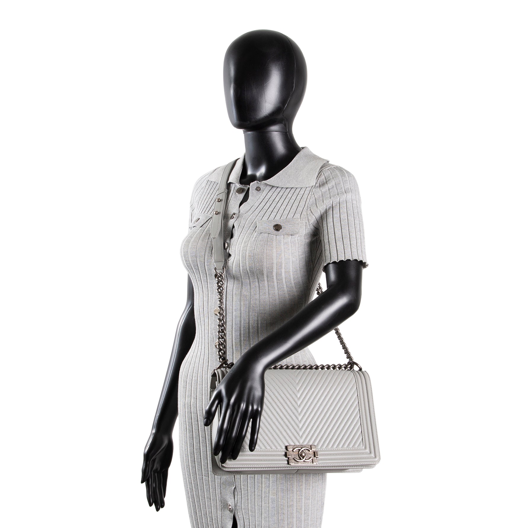 CHANEL Large Chevron Boy Bag - Grey