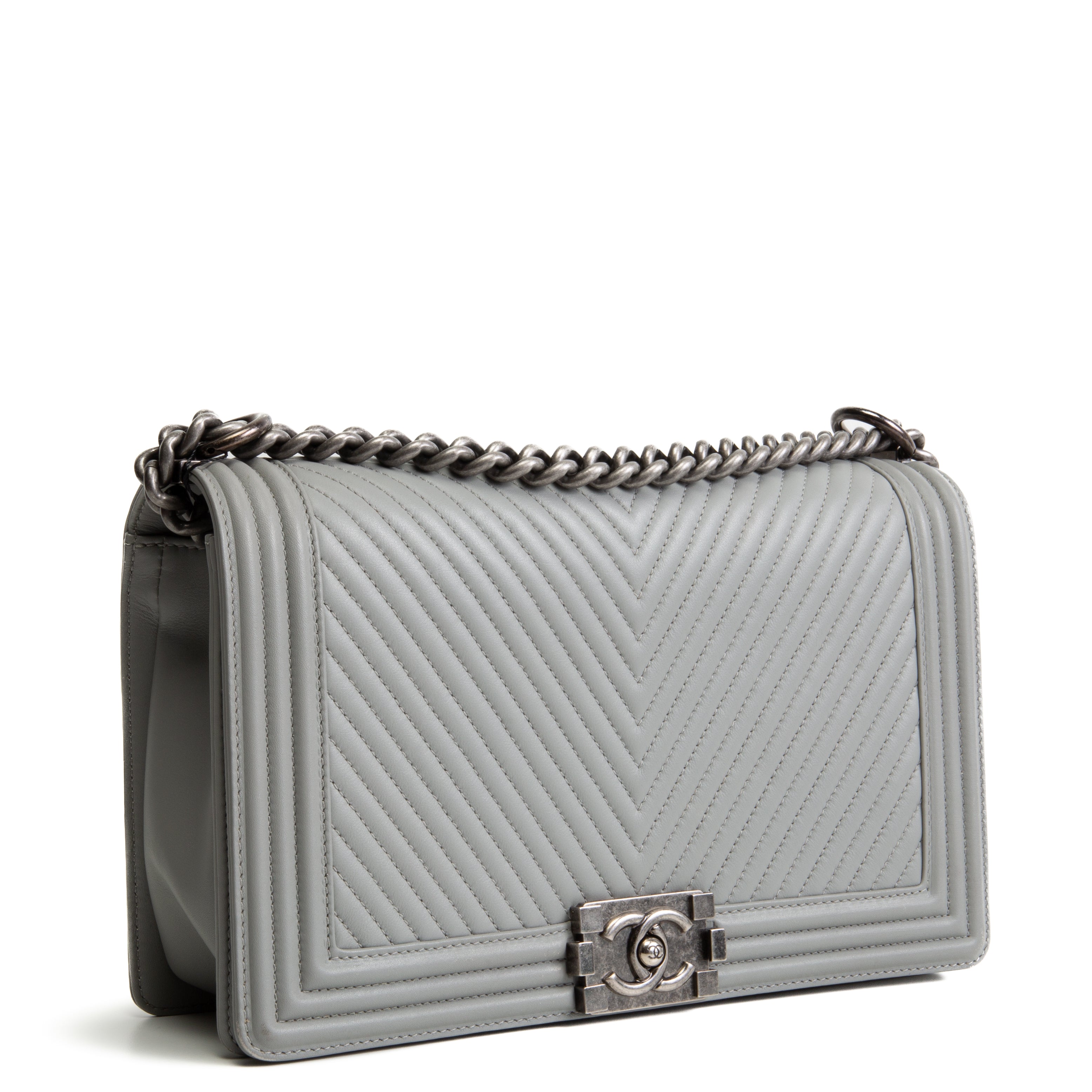 CHANEL Large Chevron Boy Bag - Grey