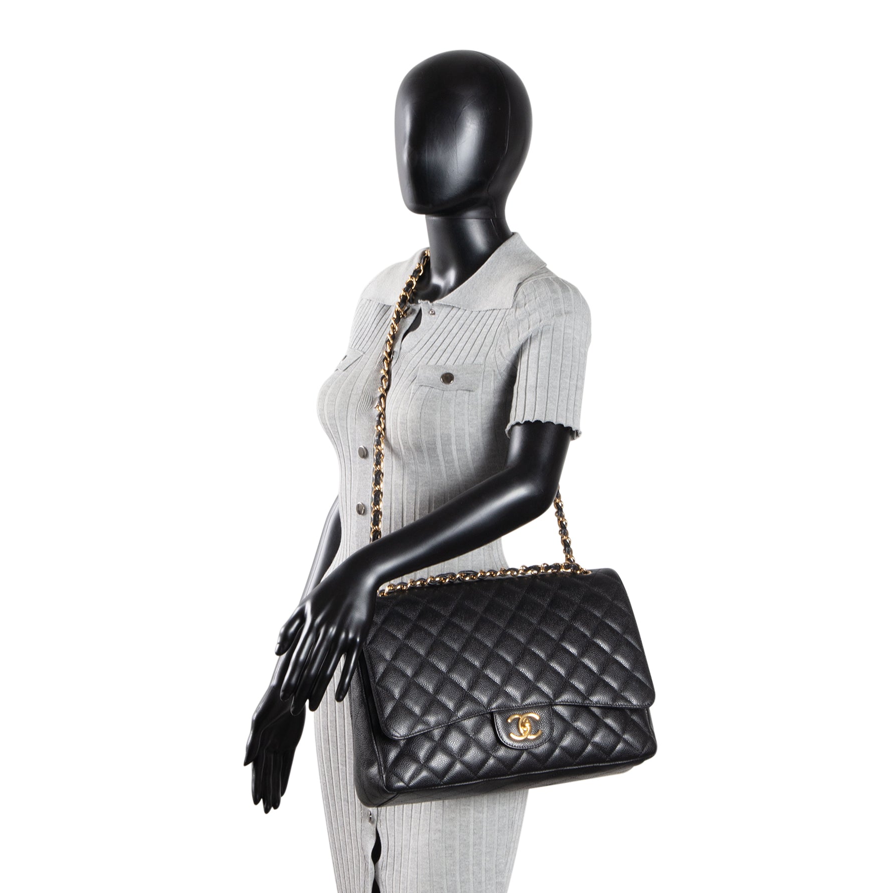 CHANEL Caviar Quilted Maxi Double Flap Shoulder Bag - Black
