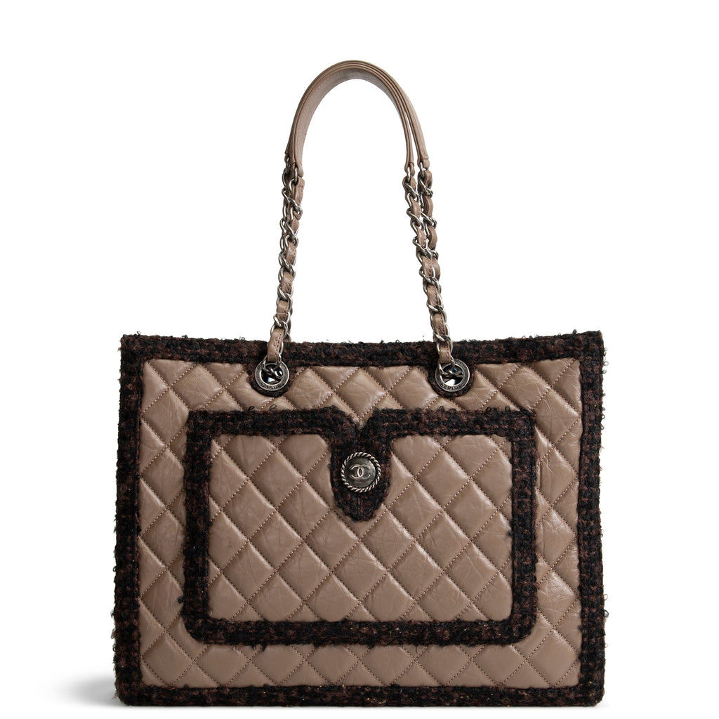 CHANEL Large Secrets Tote Quilted Calfskin w/ Tweed Trim - Taupe