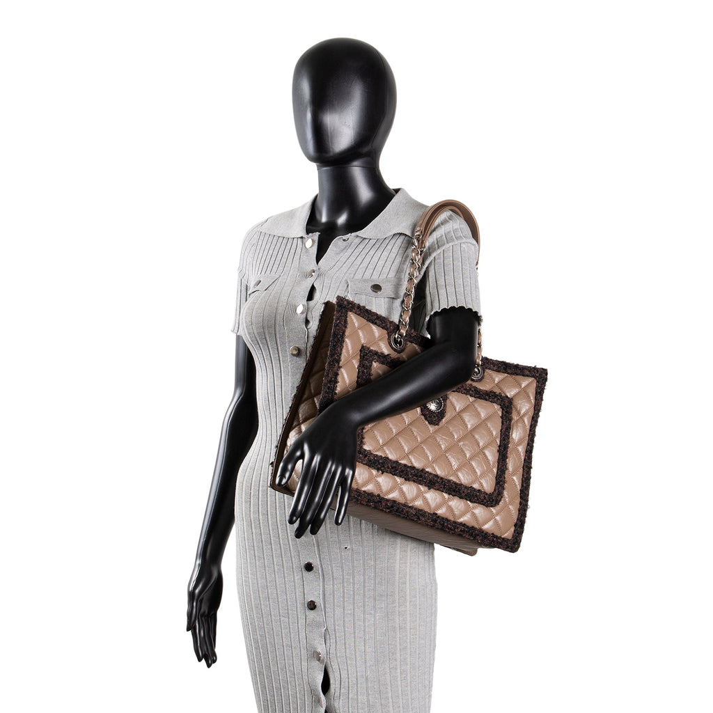 CHANEL Large Secrets Tote Quilted Calfskin w/ Tweed Trim - Taupe
