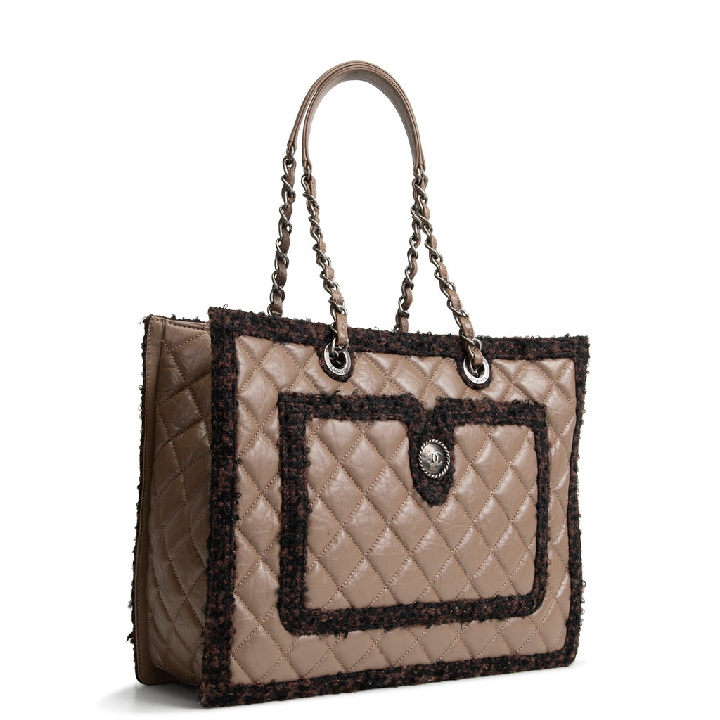 CHANEL Large Secrets Tote Quilted Calfskin w/ Tweed Trim - Taupe