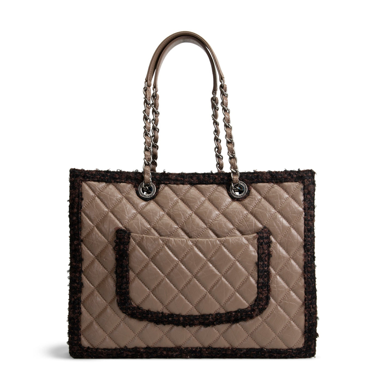 CHANEL Large Secrets Tote Quilted Calfskin w/ Tweed Trim - Taupe