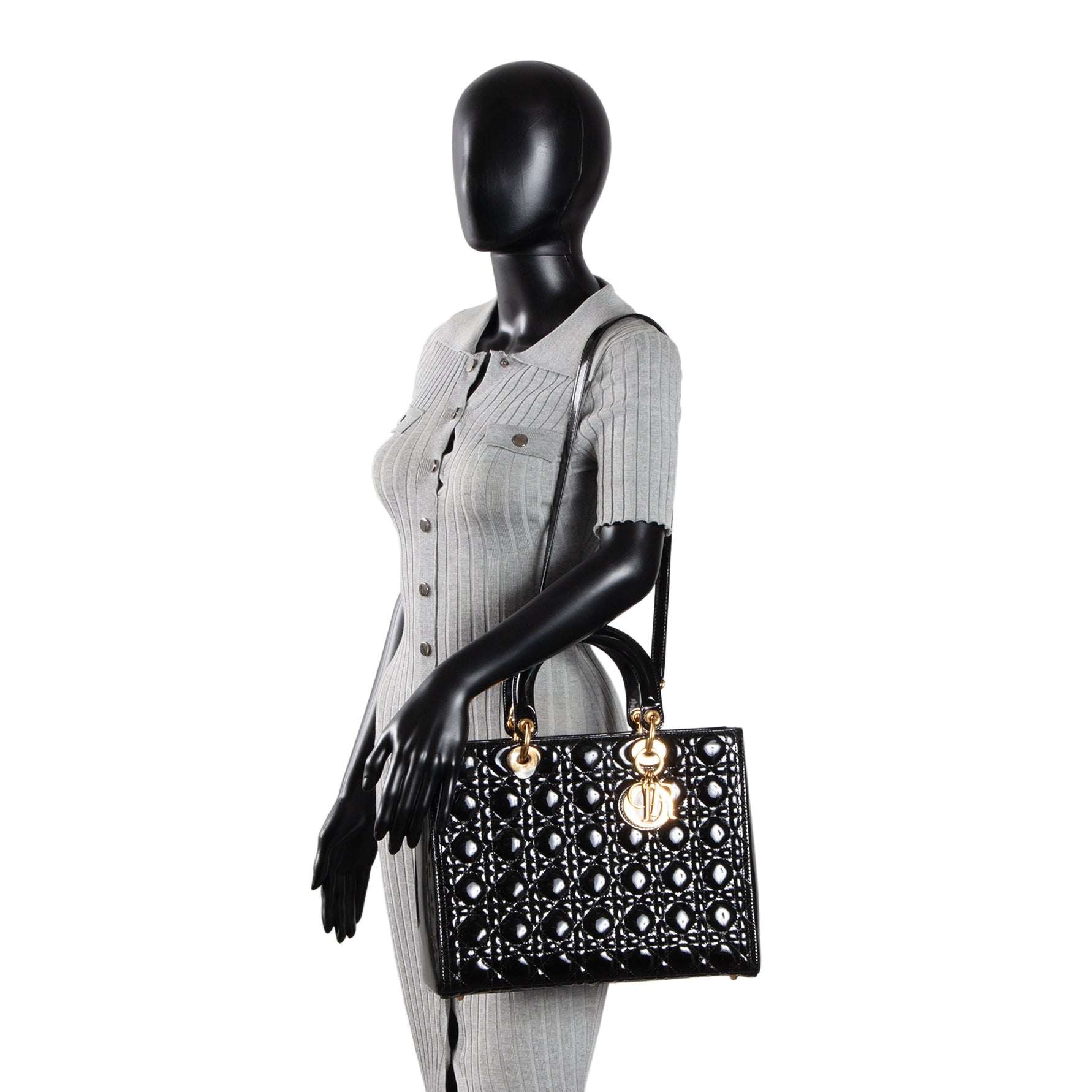 DIOR Cannage Patent Leather Lady Dior Large - Black/Gold