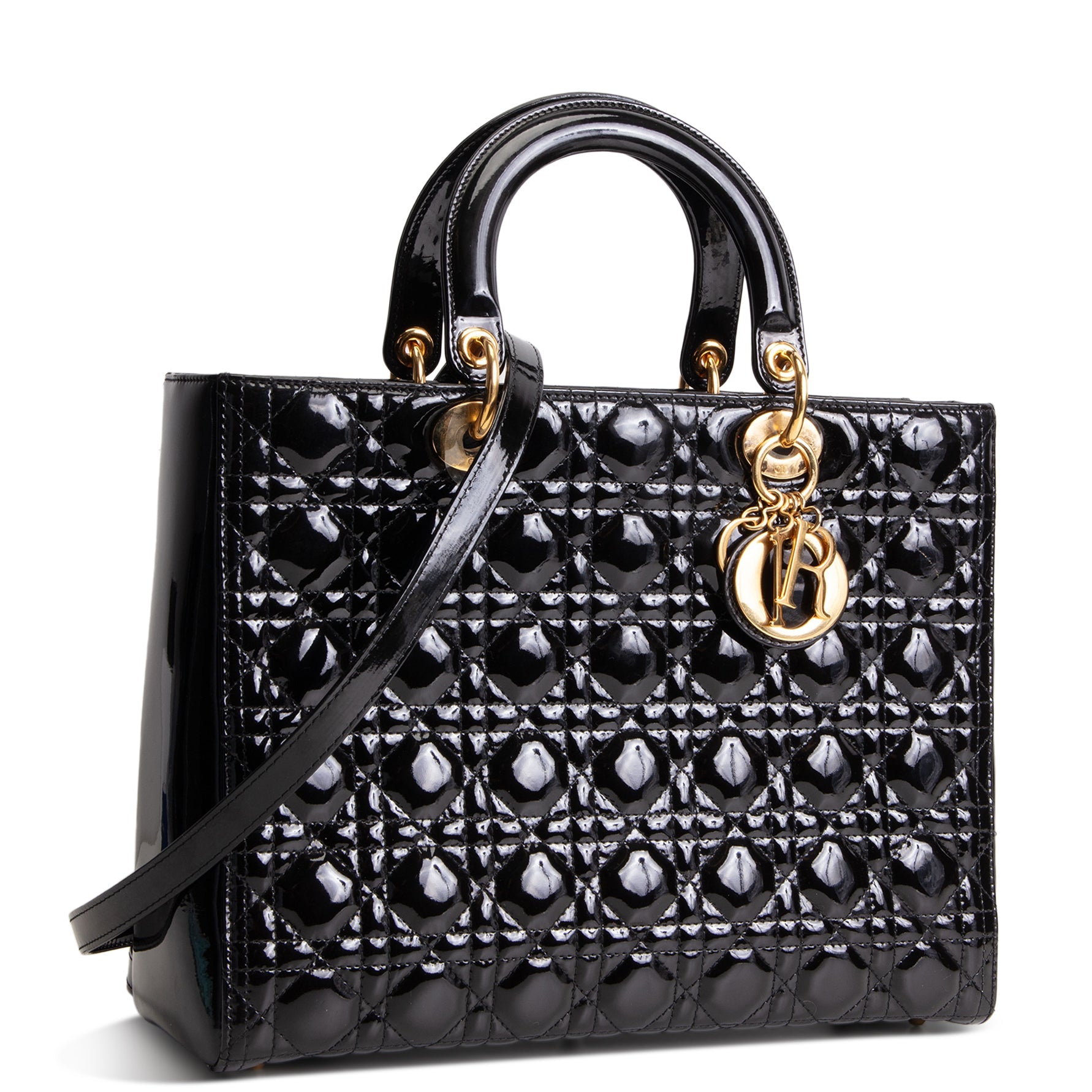 DIOR Cannage Patent Leather Lady Dior Large - Black/Gold