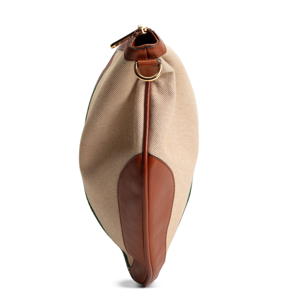 GUCCI Vintage Canvas Calfskin Web Ophidia Half Moon Hobo - Sand Light Cuir