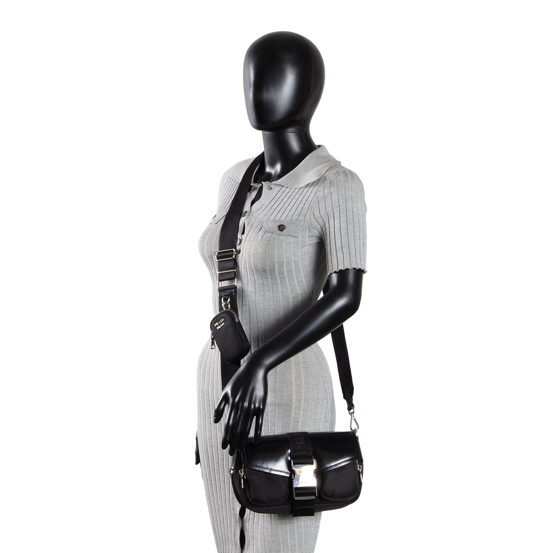 PRADA Tessuto & Spazzolata Buckle Pocket Crossbody - Black